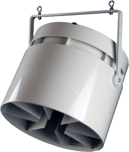 A close up of an Airius destratification fan that can be used in restaurant settings.